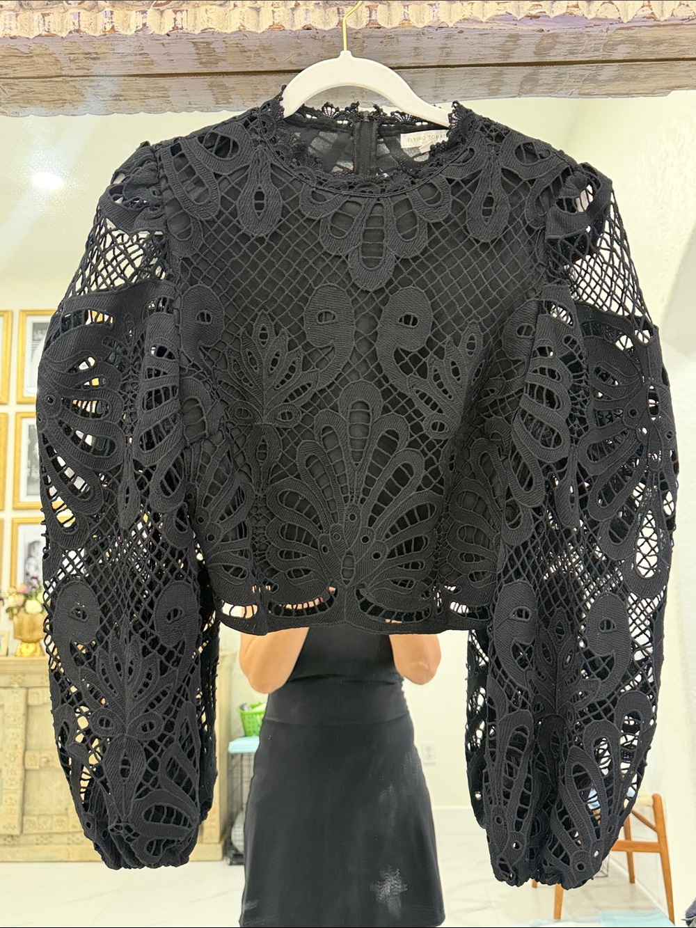 Flying Tomato Black Crochet Lace Puff Sleeve Crop Top